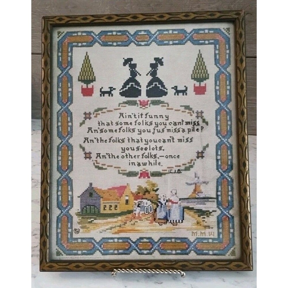 Vintage 1917 Framed Sampler Print of Needlepoint Design Folk Art P.F. Volland